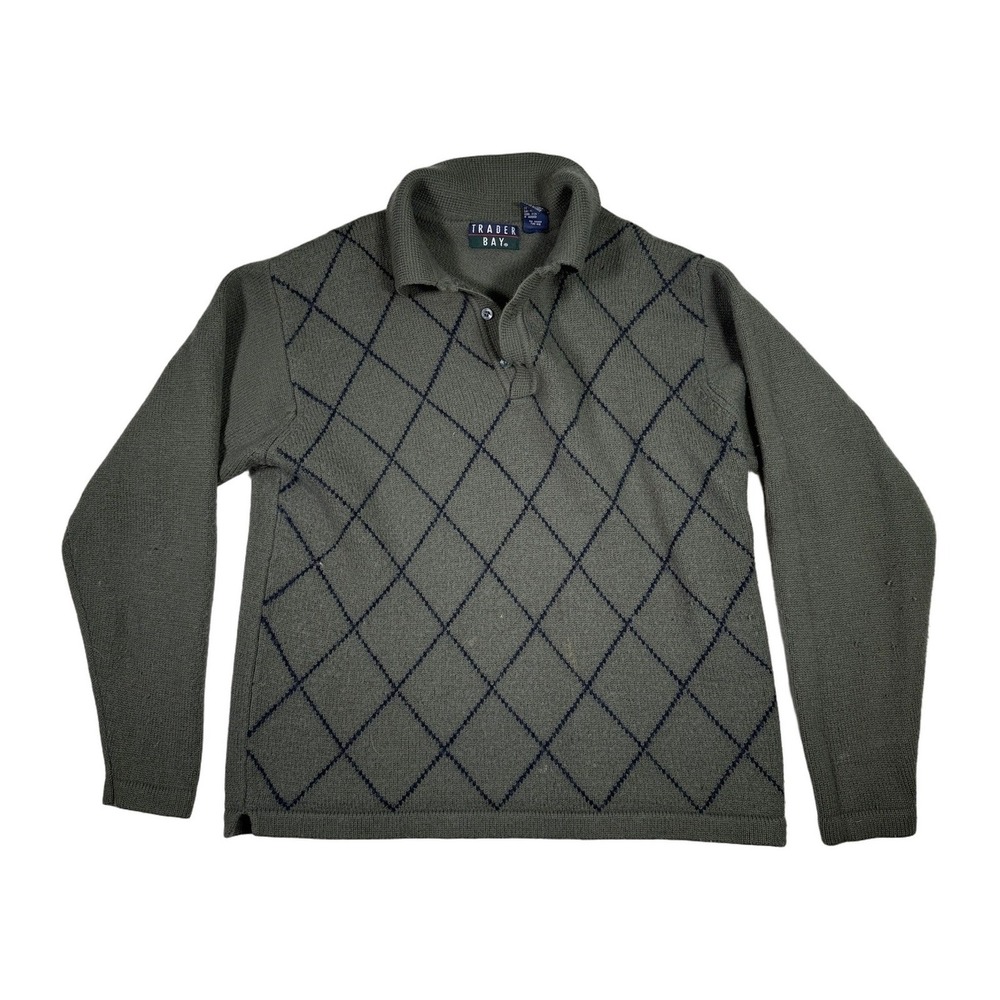 Trader Bay Men's Argyle Sweater Size M Merino Wool Acrylic Green Long Sleeve